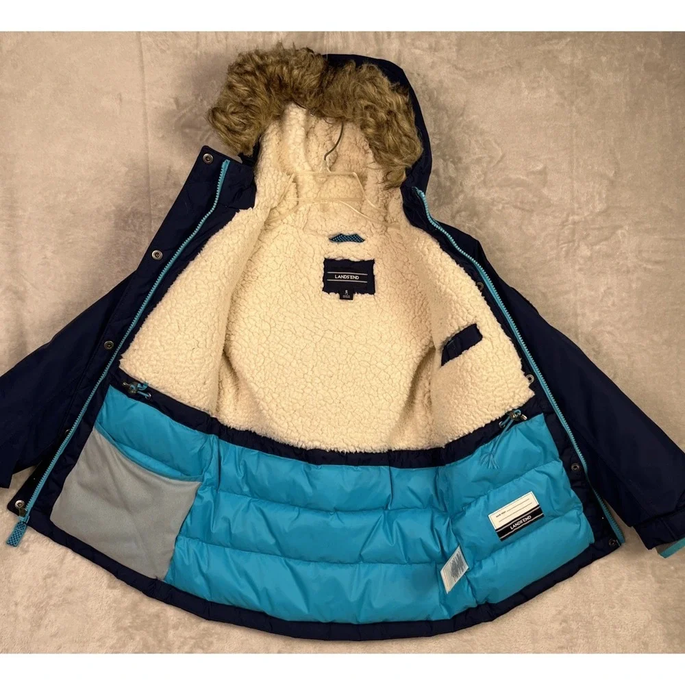 Lands End Girls Coat Small 7-8‎ Expedition Down Parka Hood Grow Along Sherpa